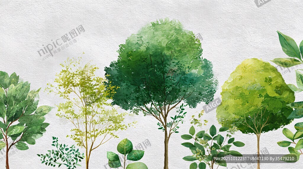 水彩繪綠樹植物景觀圖