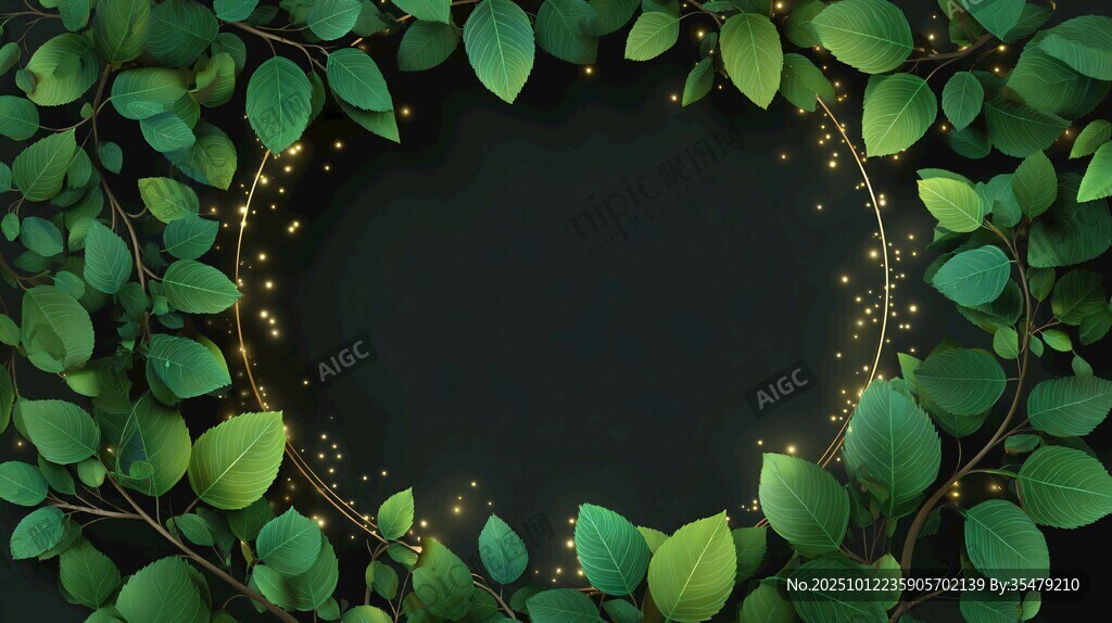 綠葉環(huán)繞的夢幻黑色背景