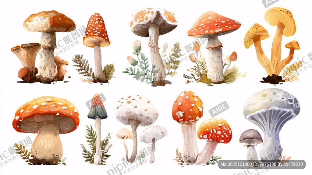 水彩風(fēng)格多樣蘑菇插畫