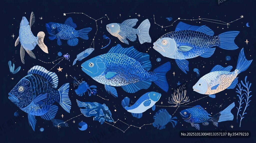 夢幻藍(lán)色海底魚類插畫