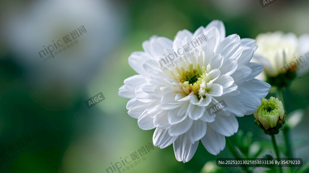潔白菊花綻放綠意間