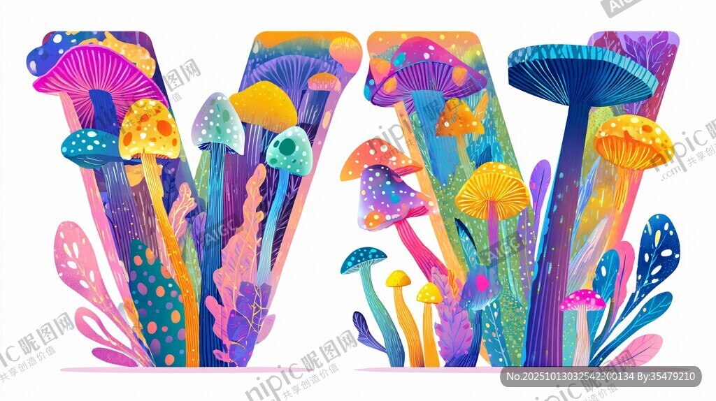 奇幻蘑菇字母插畫