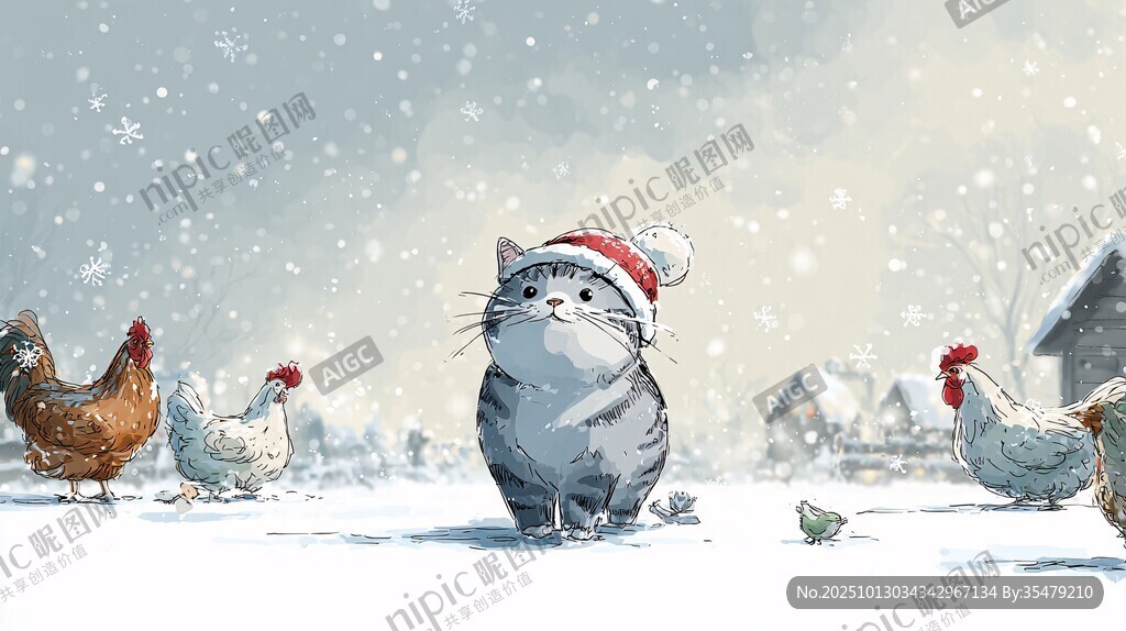 雪地中戴帽貓咪與雞群
