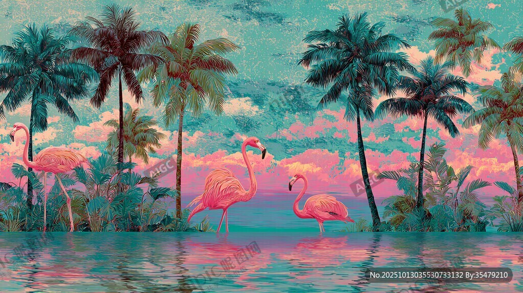 夢幻火烈鳥與棕櫚樹景觀