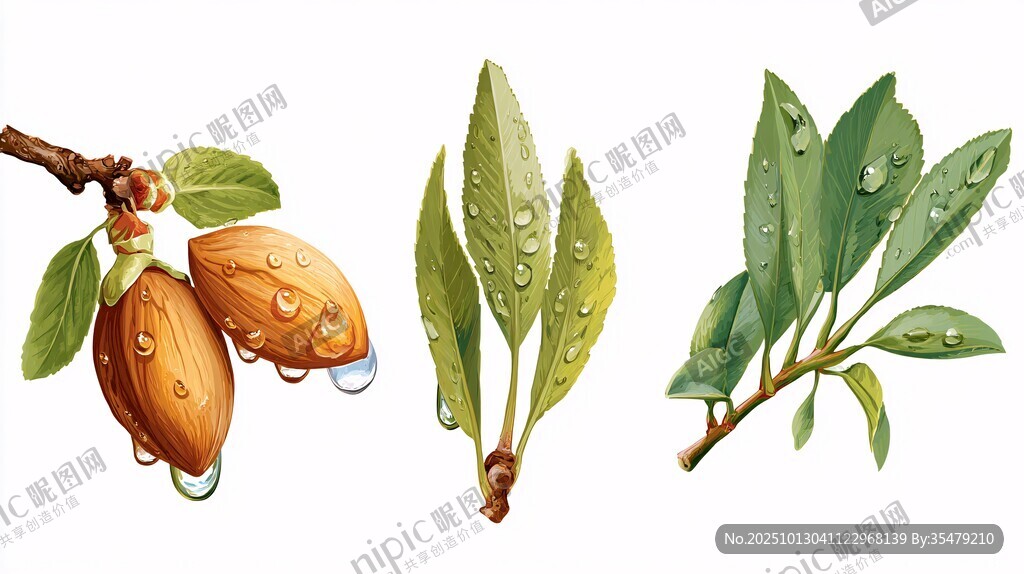 帶露杏仁與枝葉插畫