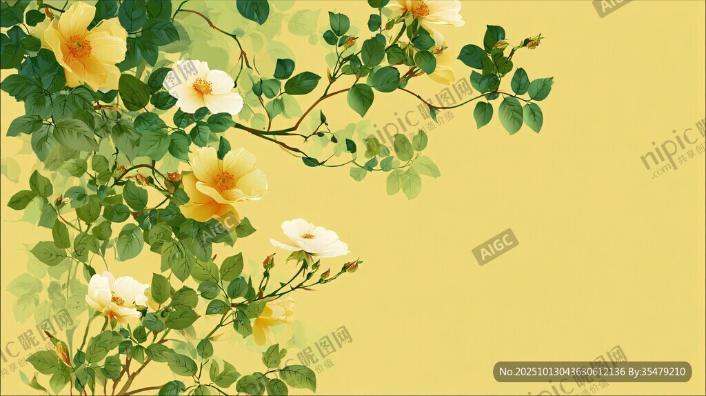 黃底薔薇花卉插畫