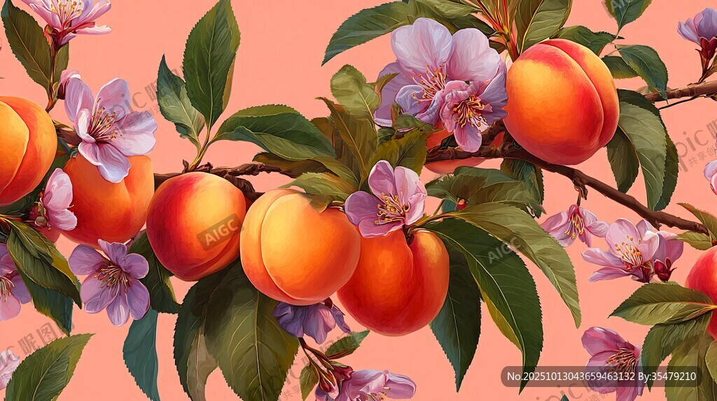 桃枝繁花碩果插畫圖案