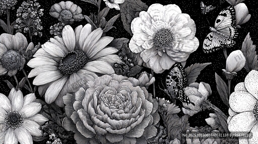 黑白花卉與蝴蝶藝術(shù)插畫