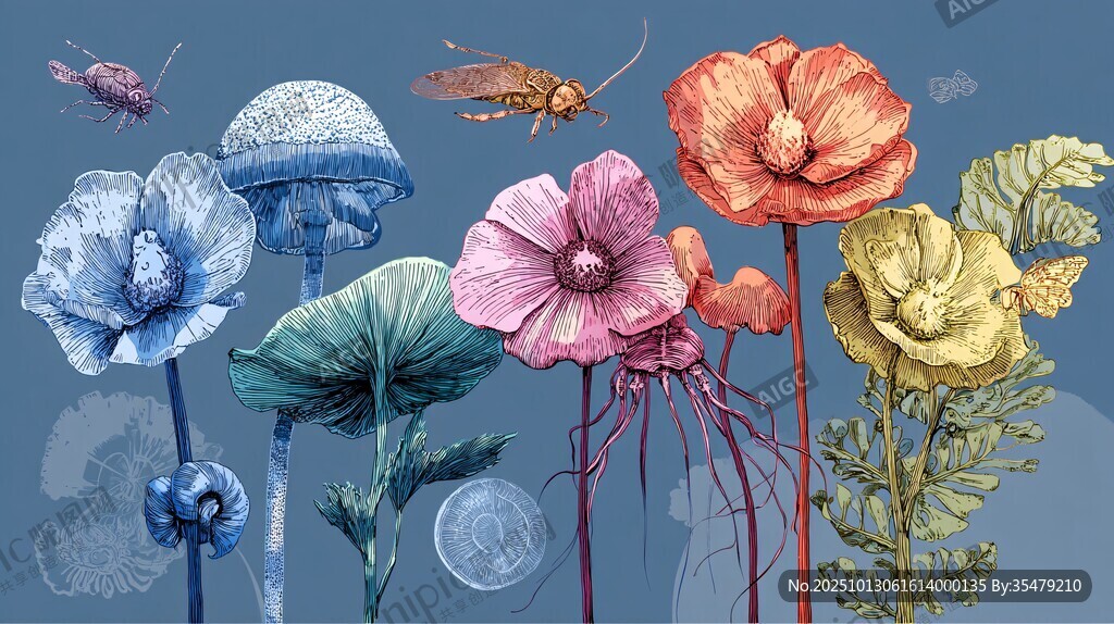夢幻花卉與靈動昆蟲插畫
