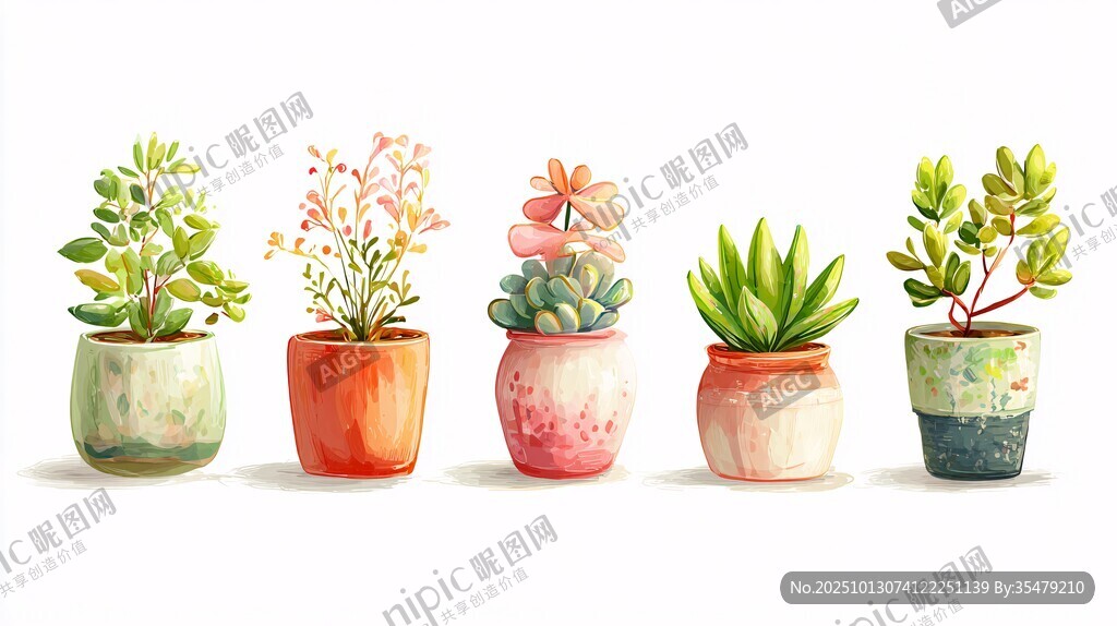 可愛多彩盆栽插畫展示