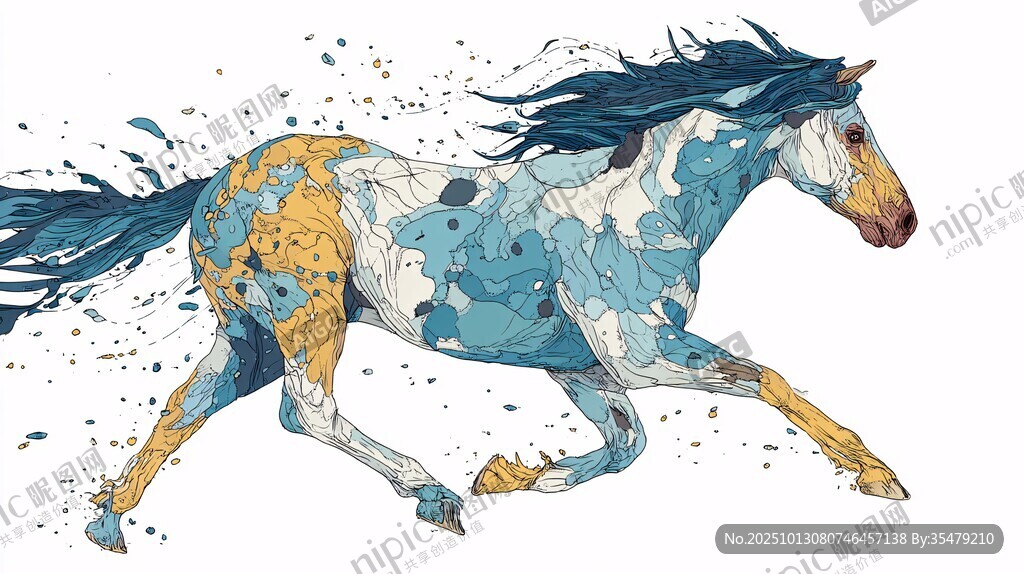 藍黃潑墨風奔騰駿馬圖