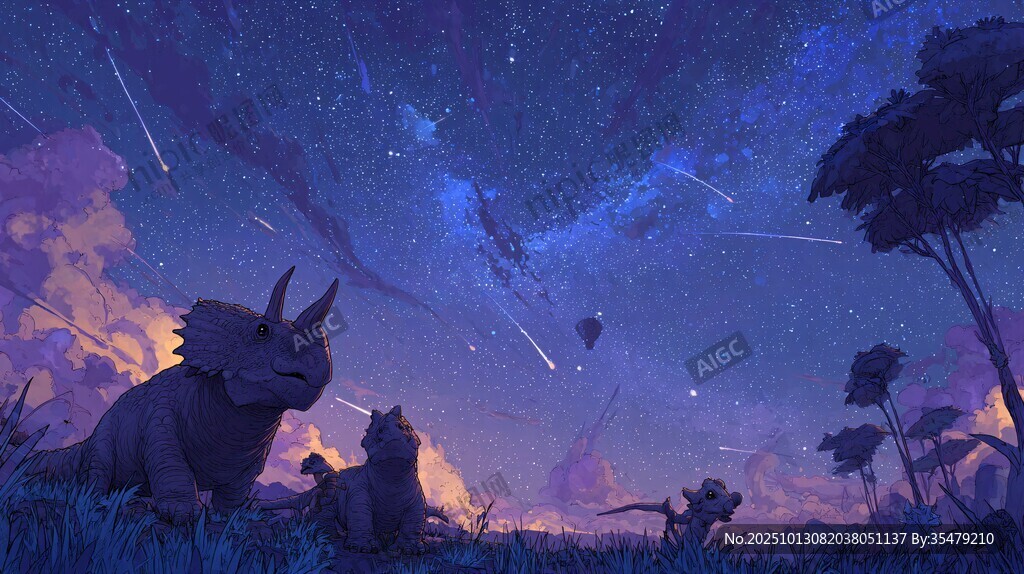 夢(mèng)幻星空下的史前動(dòng)物聚會(huì)