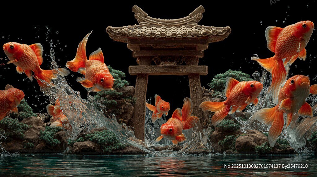 金魚躍動于中式亭臺水景