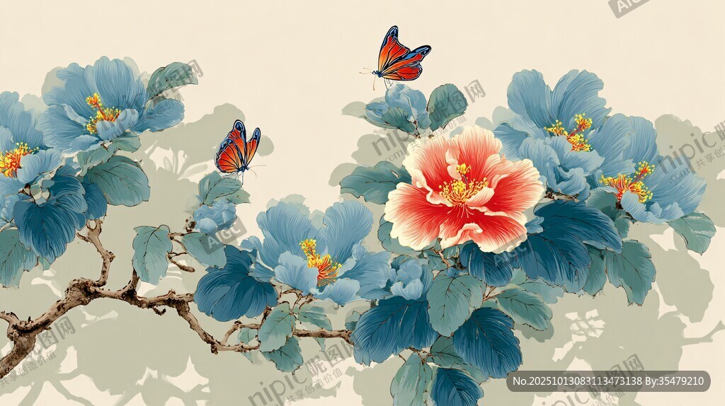 藍(lán)葉紅花間雙蝶飛舞