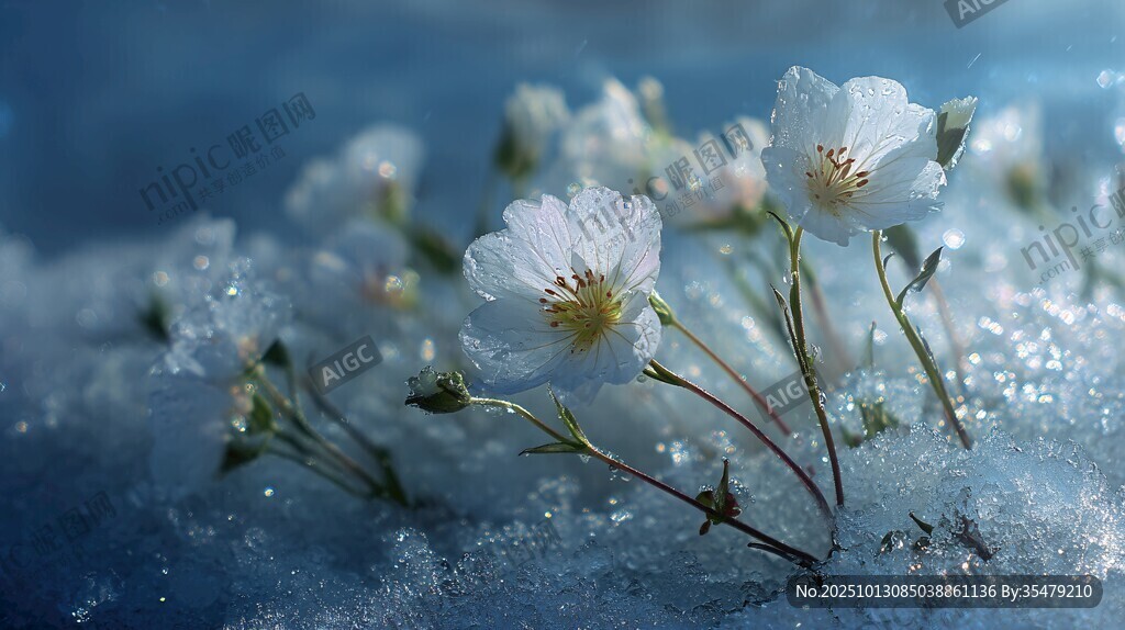 冰雪中綻放的潔白小花