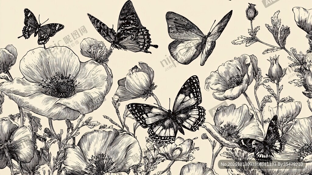 蝶舞花叢黑白手繪插畫