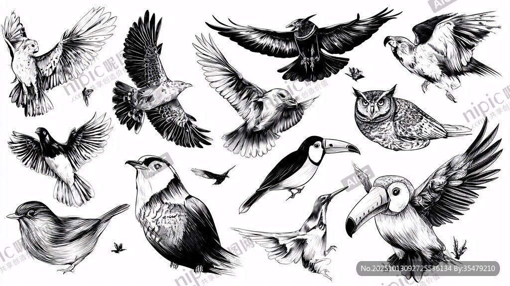 手繪鳥類集合插畫