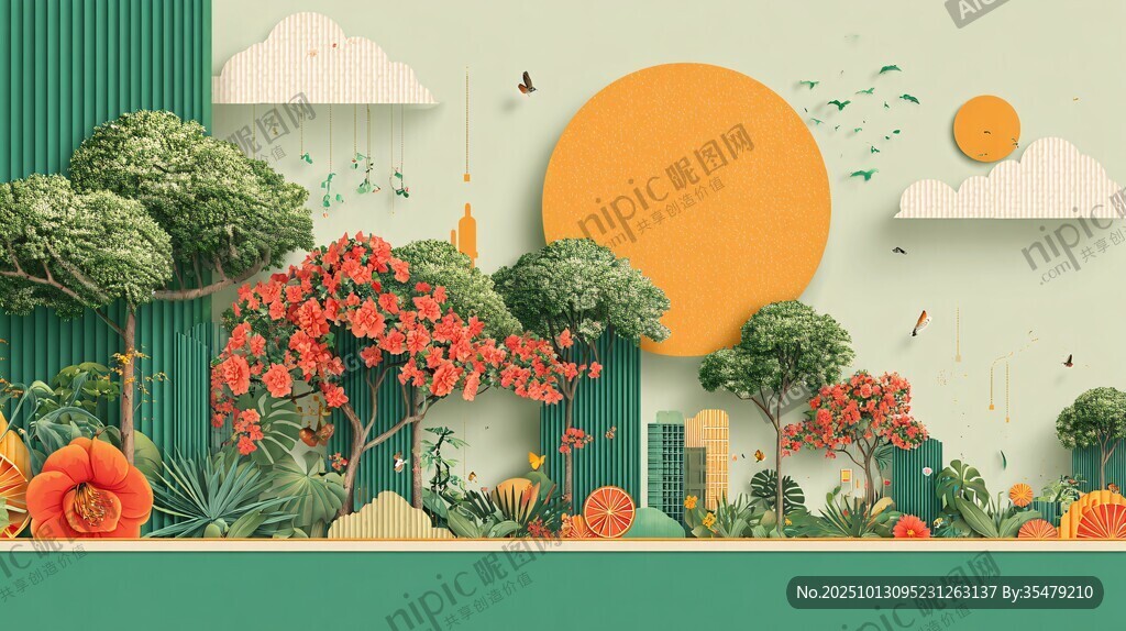 春日立體花園景觀插畫