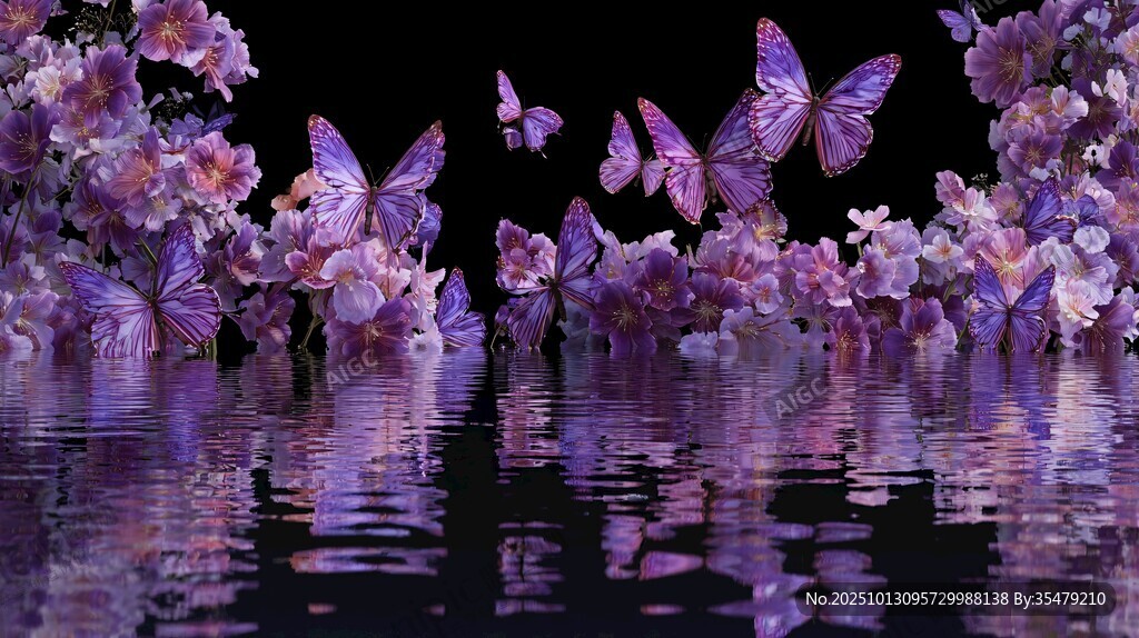 夢(mèng)幻紫蝶伴花映于水面