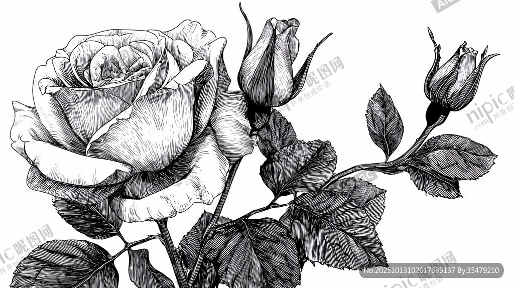 黑白手繪玫瑰花朵插畫