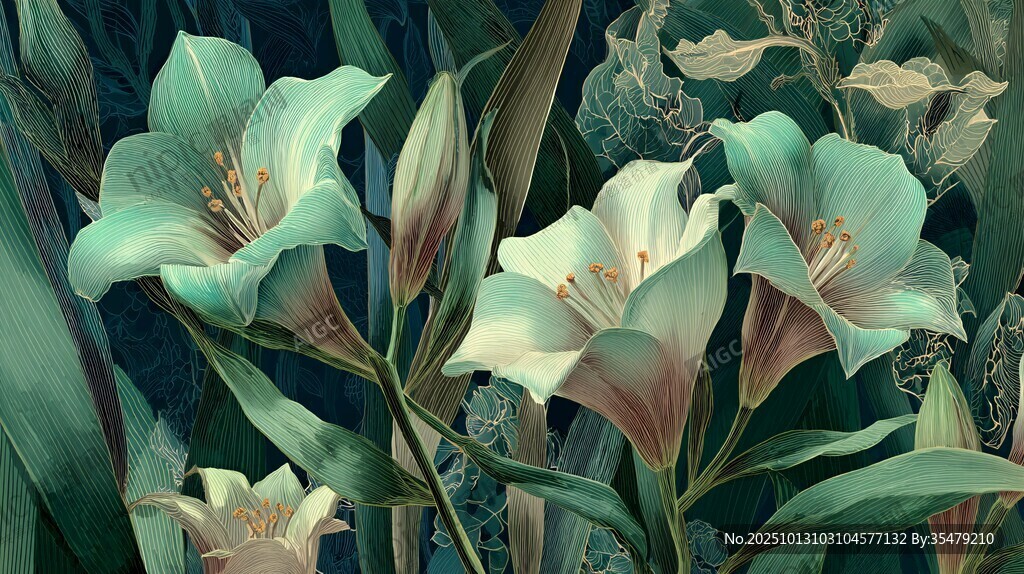 夢幻綠百合花卉插畫