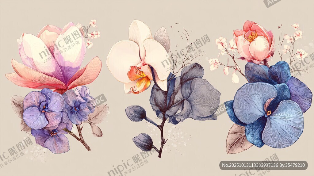 水彩風(fēng)花卉組合插畫