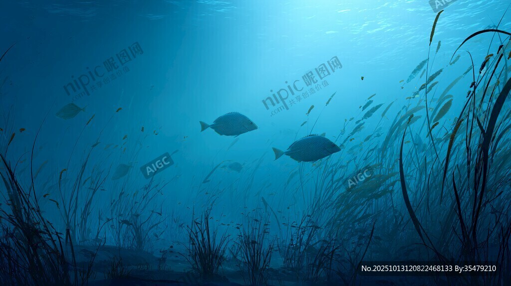 深海中的魚群與海草景觀