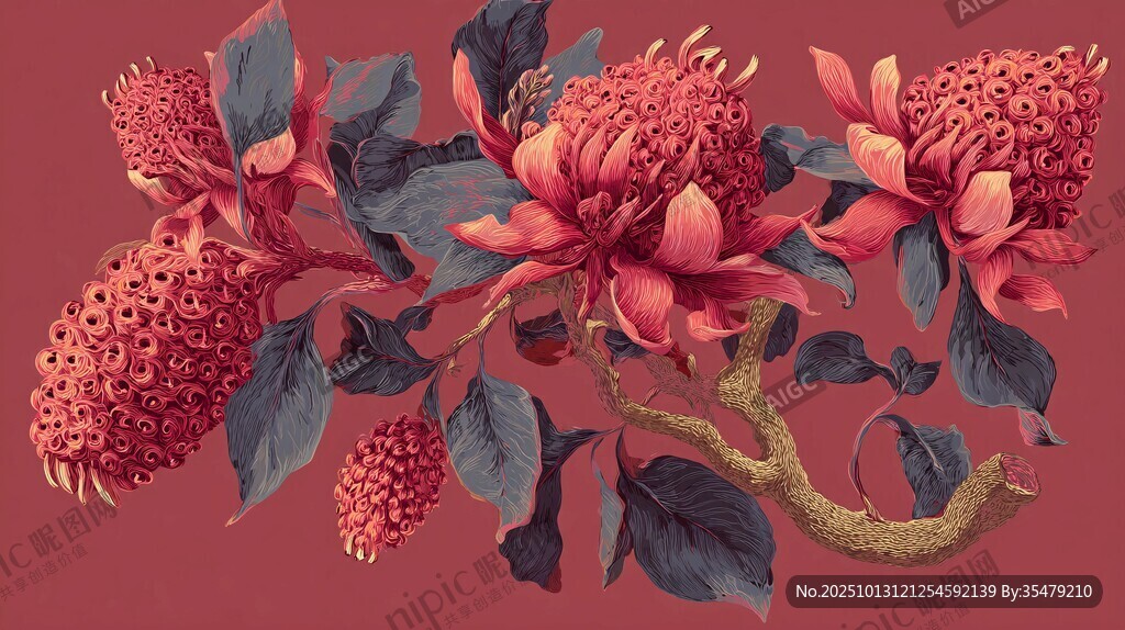 復(fù)古風(fēng)艷麗花卉插畫圖案