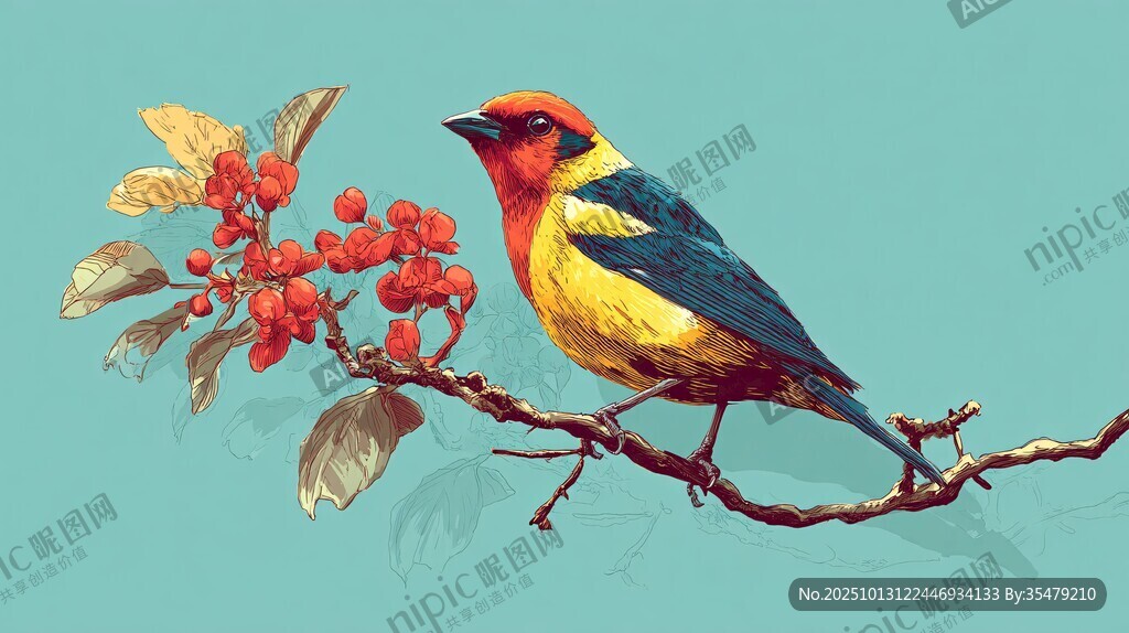 彩羽鳥棲于紅果枝頭