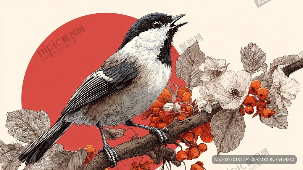 枝頭鳴鳥與紅果花卉