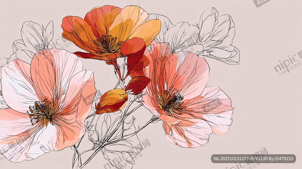 手繪粉色系花卉插畫作品