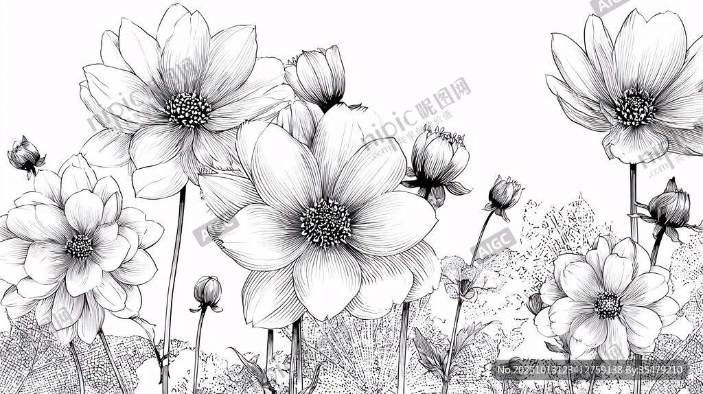 黑白花卉線稿插畫