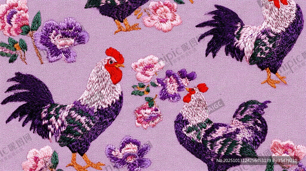 紫底繡公雞花卉圖案