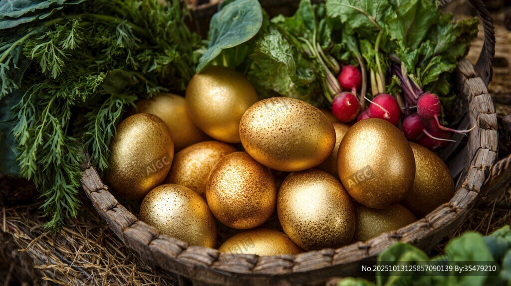 金蛋盛于菜籃中顯獨特
