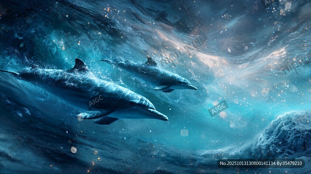 夢幻深海中的海豚遨游