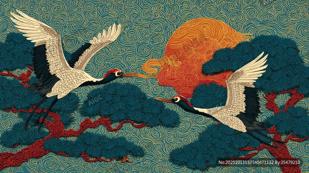 丹頂鶴翔于松間旭日下
