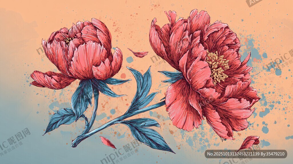 手繪雙朵嬌艷盛開牡丹花