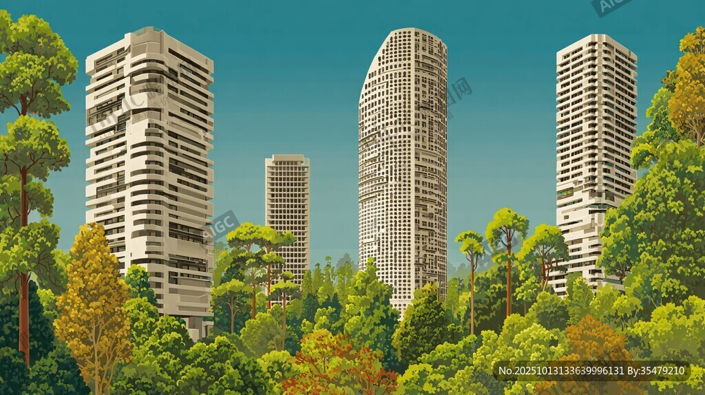 森林中的現(xiàn)代高樓建筑群