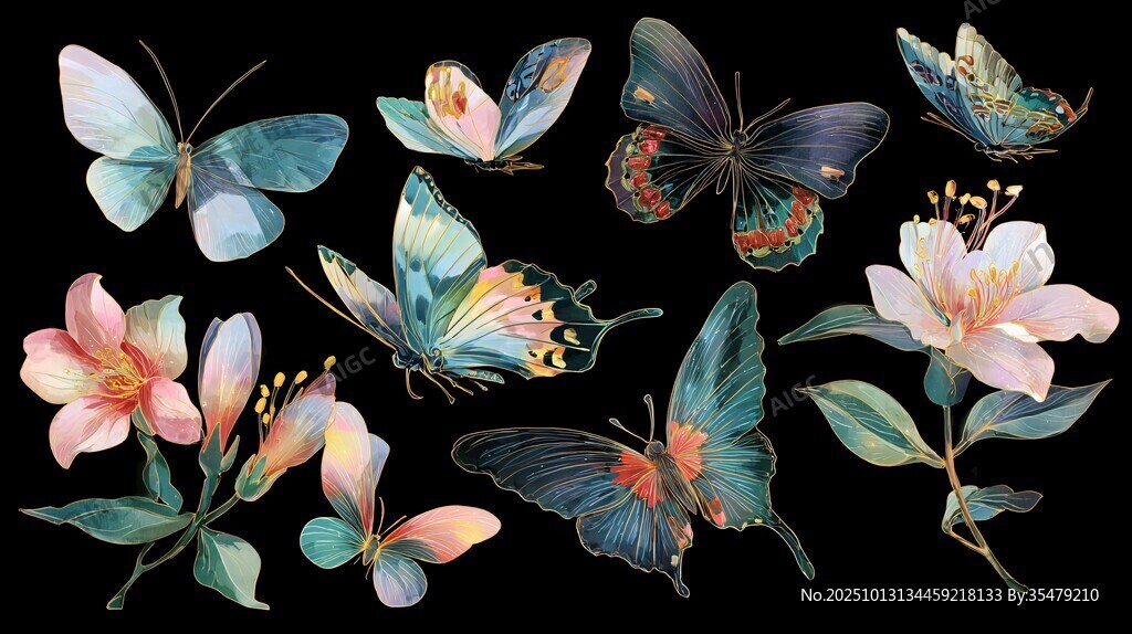 蝴蝶與花卉的夢(mèng)幻插畫