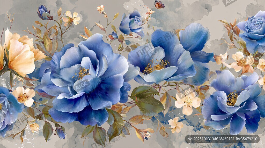藍(lán)黃花卉精美裝飾圖案
