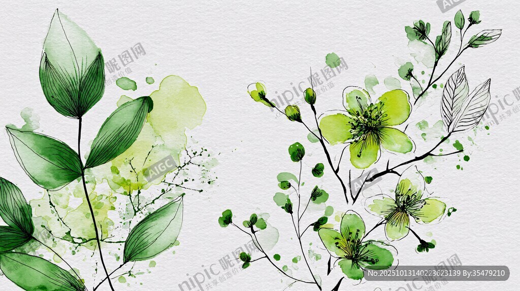 清新水彩風(fēng)綠花綠葉插畫