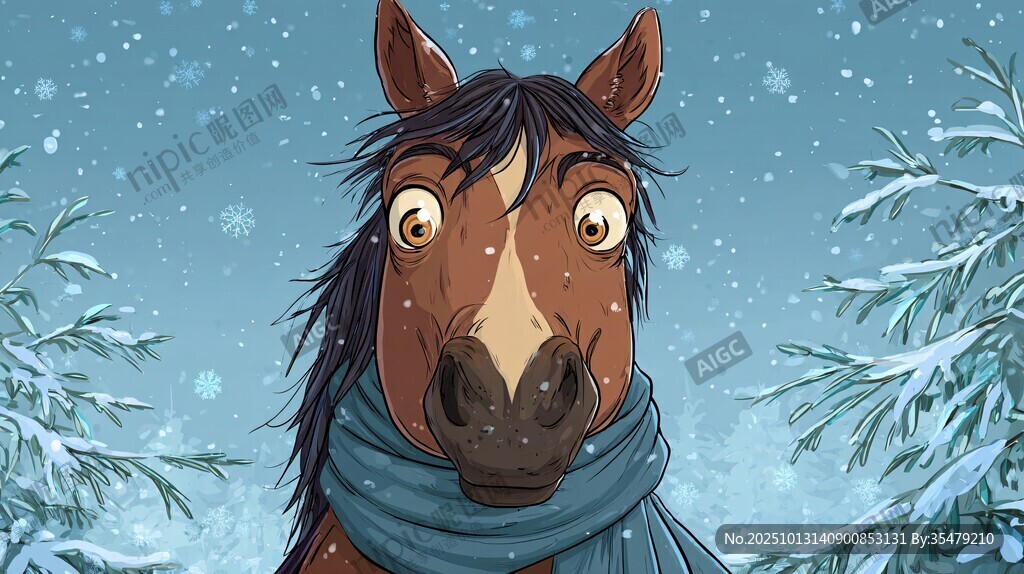 雪地中戴圍巾的驚訝馬兒