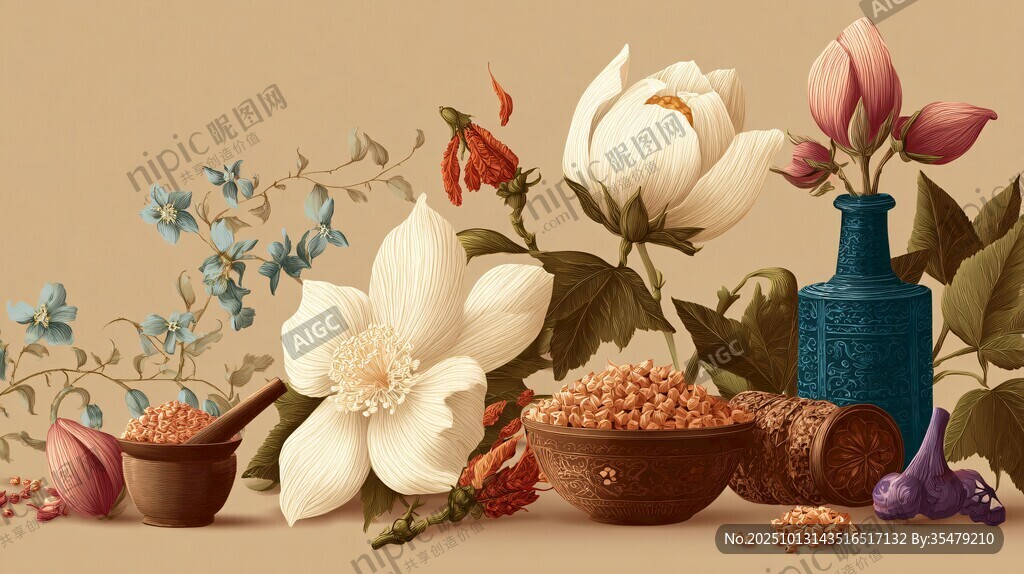 中式花卉與香料靜物插畫