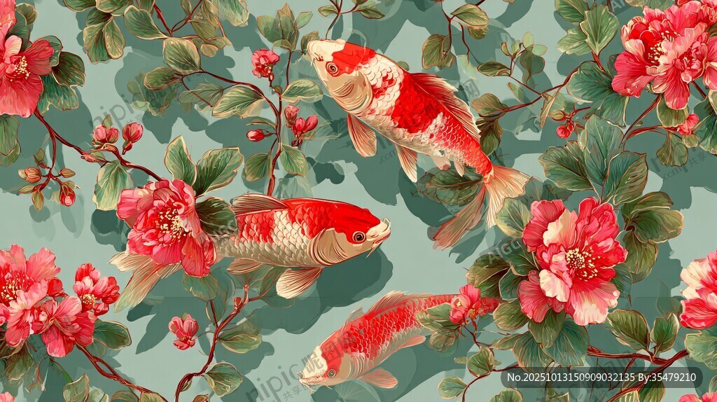 錦鯉戲花中式風(fēng)圖案