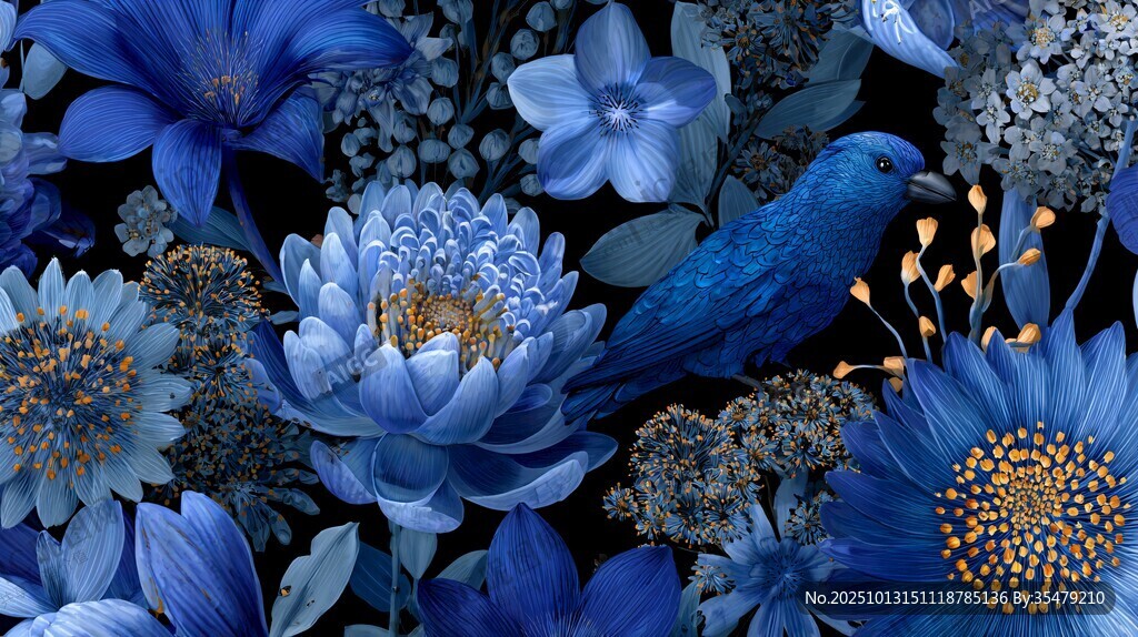 藍(lán)色夢幻花鳥花卉圖案