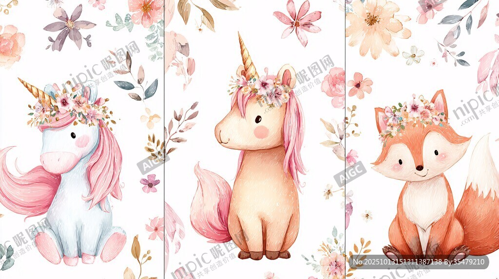 可愛動(dòng)物花卉插畫圖案