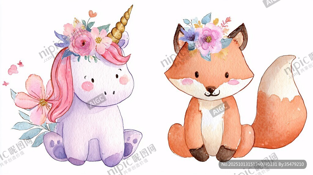 獨(dú)角獸與狐貍的花卉裝扮