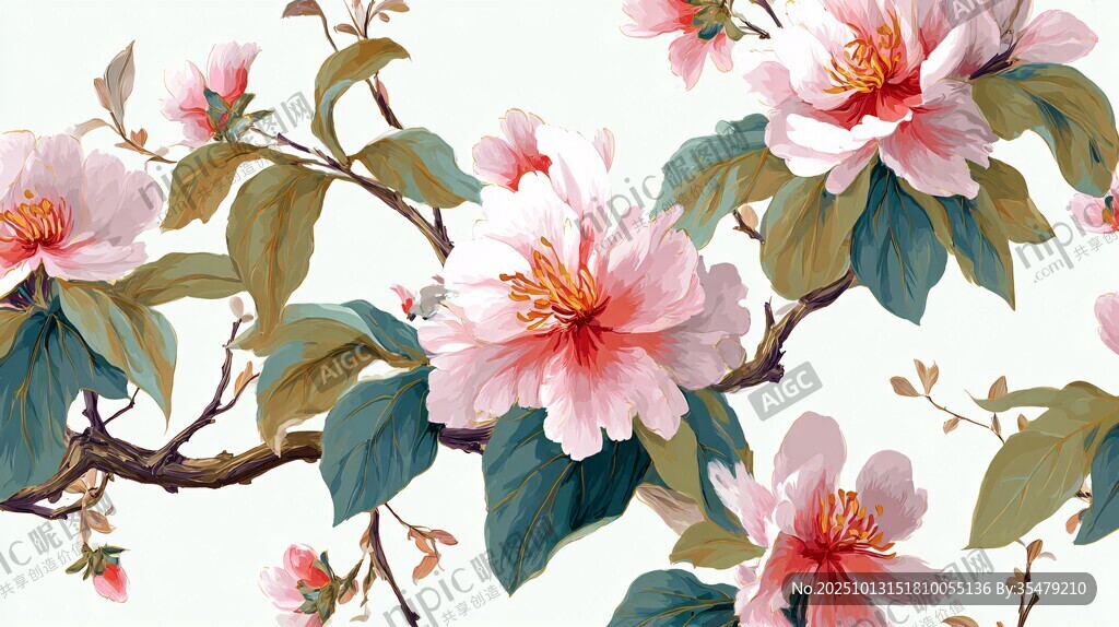 粉色花卉枝頭綻放圖