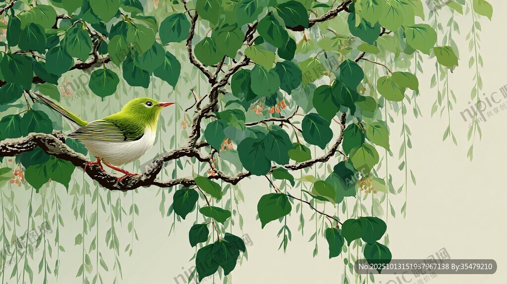 枝頭綠鳥棲于蔥郁枝葉間