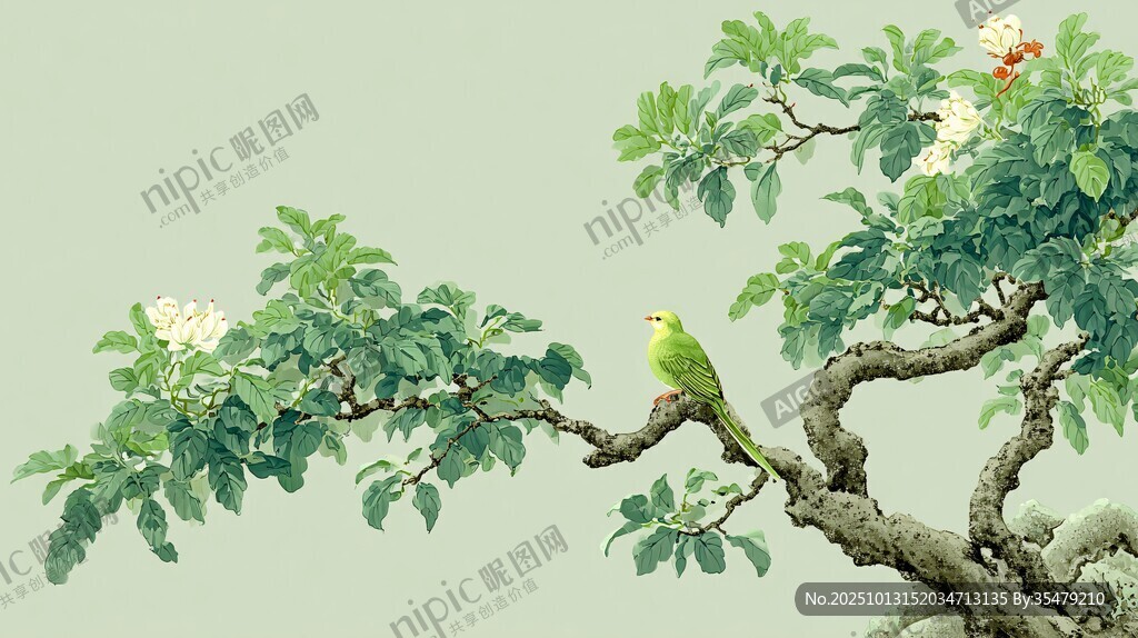 枝頭綠鸚 繁花相伴